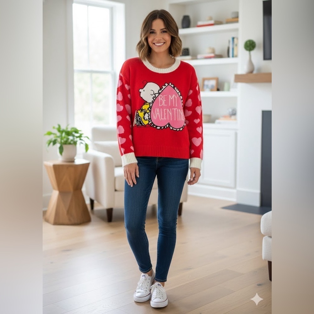 Peanuts Valentine's Crew Neck Sweater Red And Pink Hearts Embroidered Charlie